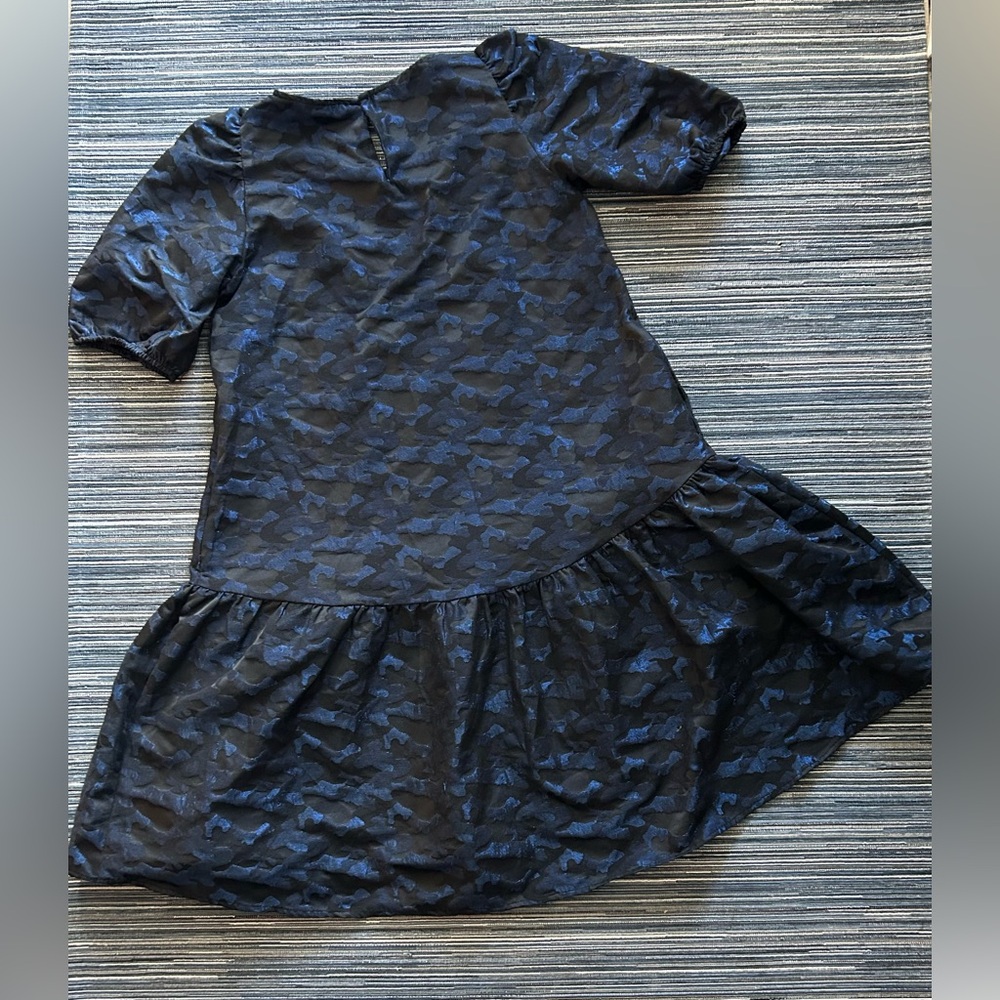 ZARA XS Voluminous Jacquard Metallic Blue Black Camo Swing Dress - Picture 5 of 11